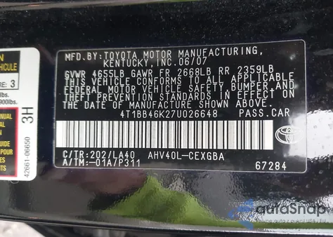 2007 Toyota Camry Hybrid from USA, damaged, VIN 4T1BB46K27U026648